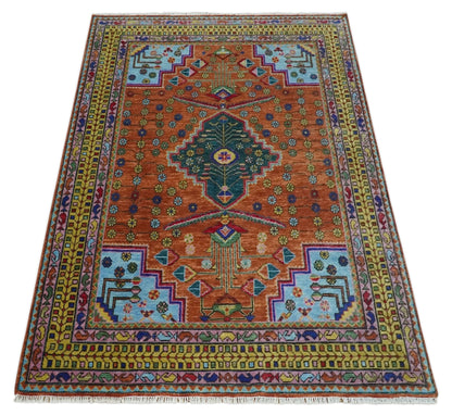 Hand Knotted Rust and Blue Traditional Floral Multi Size Wool Area Rug.