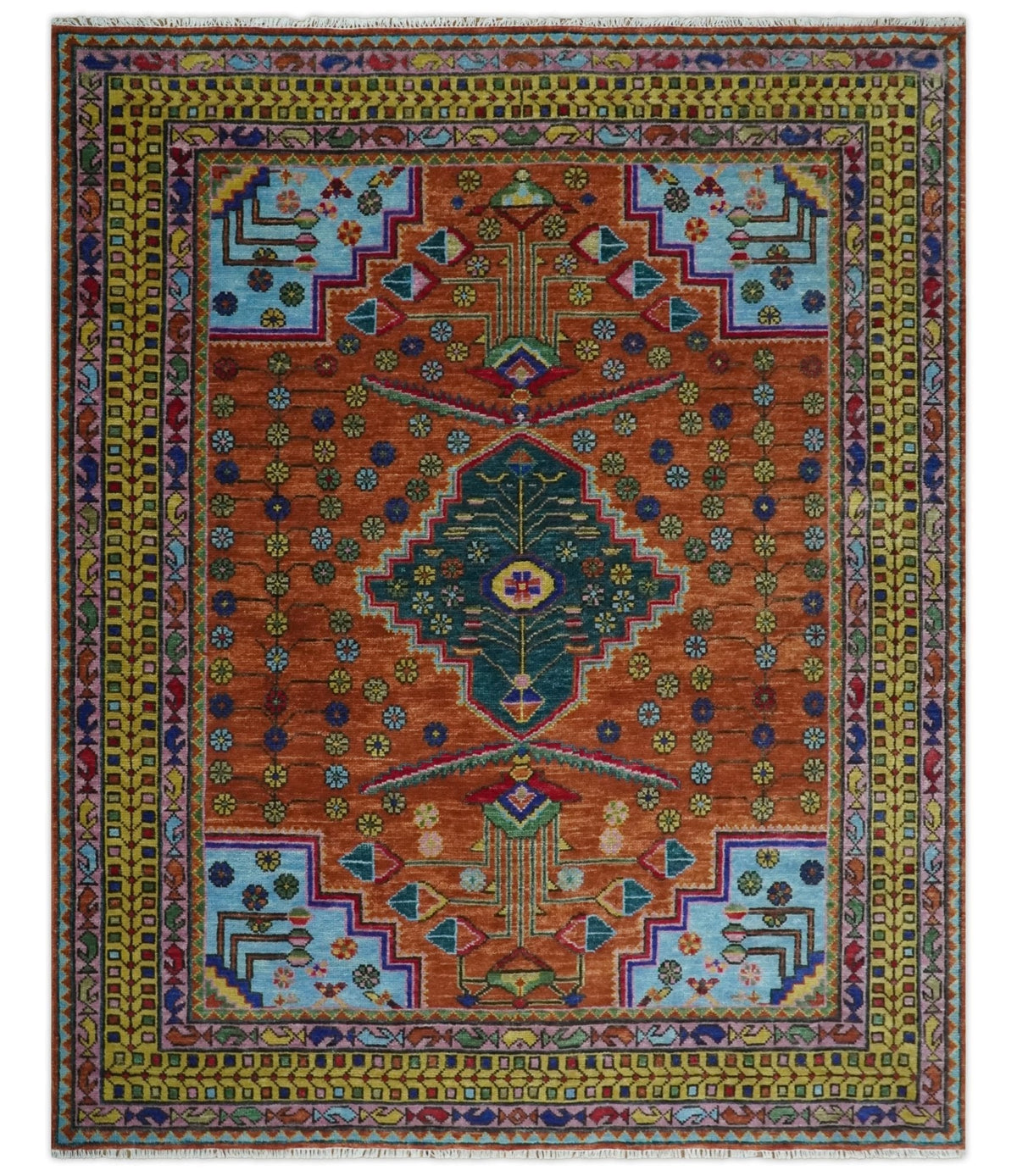 Hand Knotted Rust and Blue Traditional Floral Multi Size Wool Area Rug.