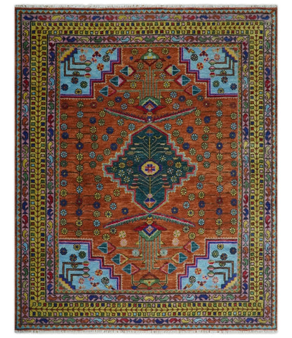 Hand Knotted Rust and Blue Traditional Floral Multi Size Wool Area Rug.