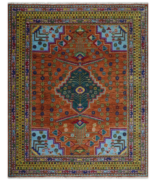 Hand Knotted Rust and Blue Traditional Floral Multi Size Wool Area Rug.