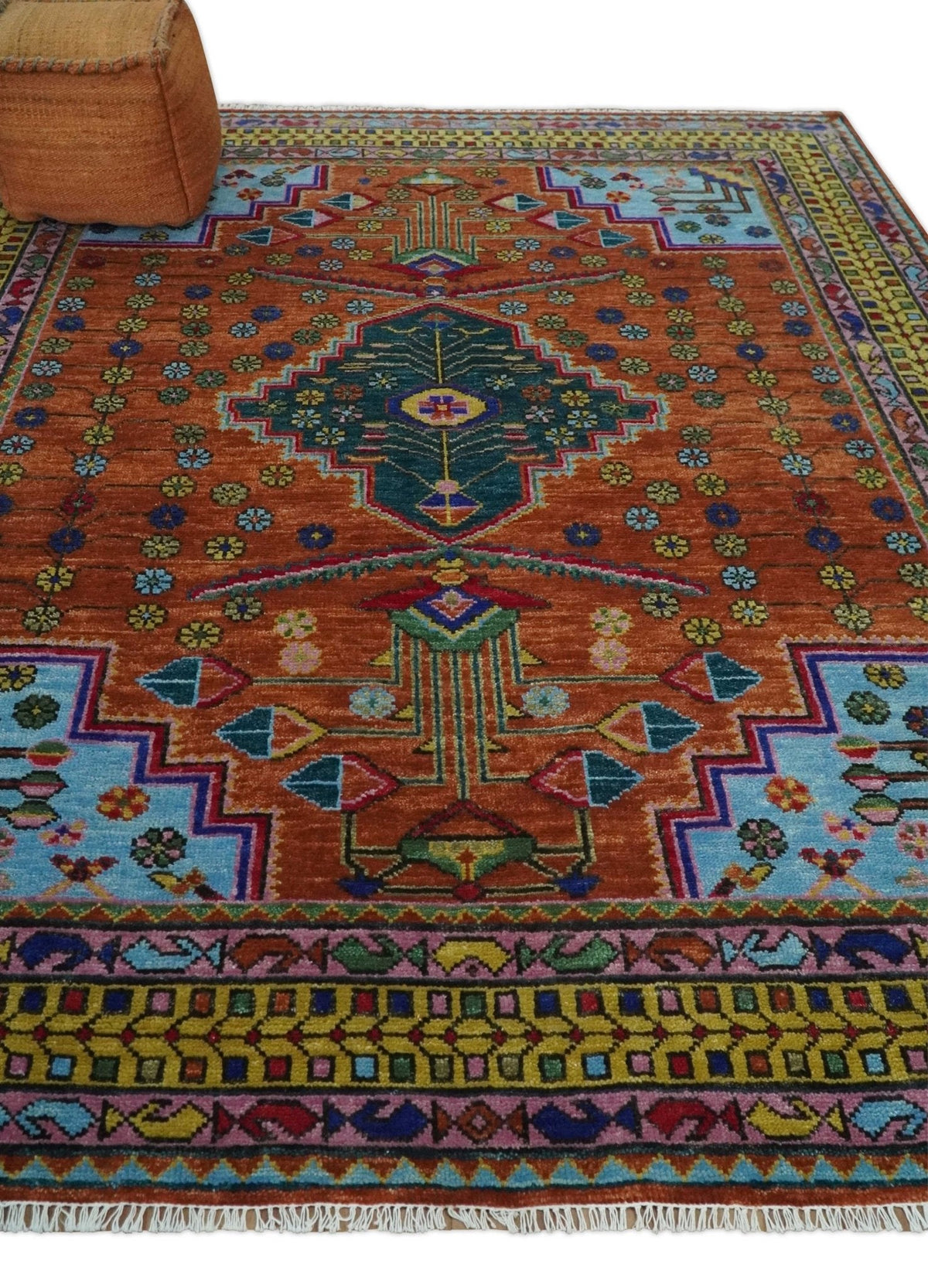 Hand Knotted Rust and Blue Traditional Floral Multi Size Wool Area Rug.