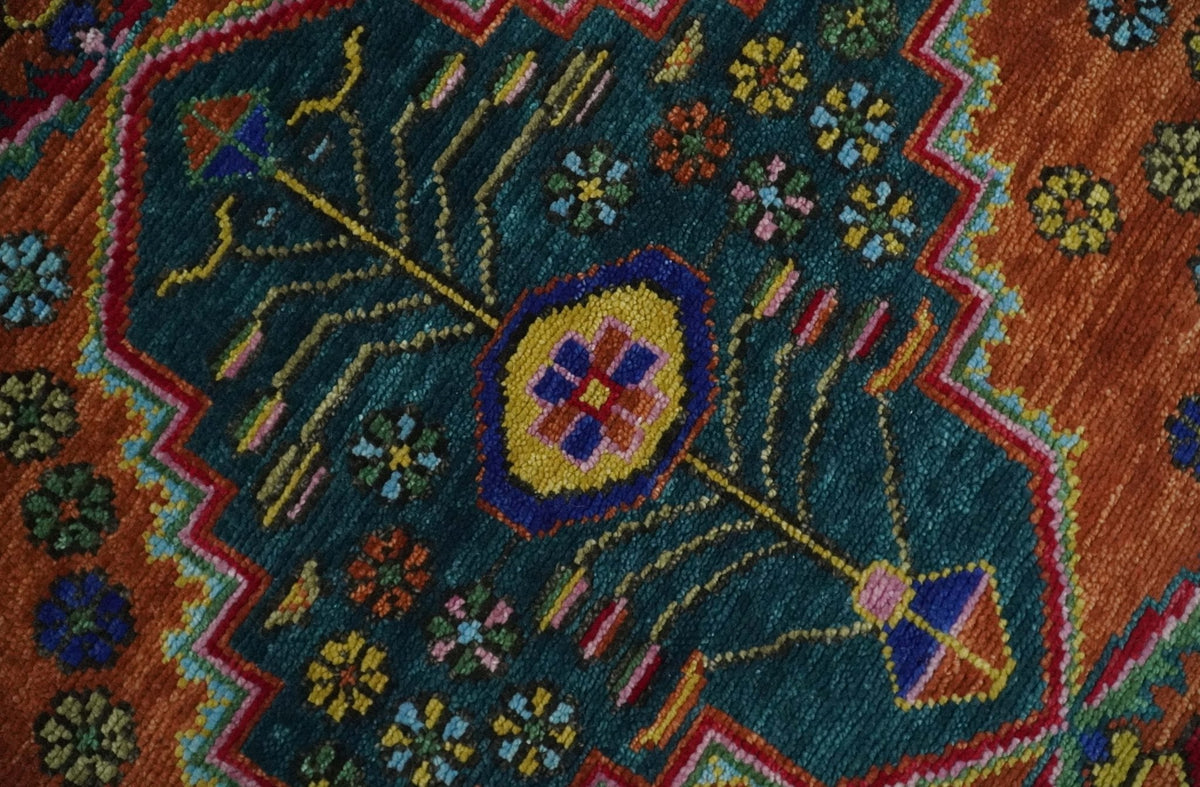 Hand Knotted Rust and Blue Traditional Floral Multi Size Wool Area Rug.