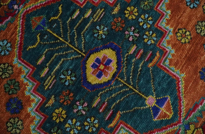 Hand Knotted Rust and Blue Traditional Floral Multi Size Wool Area Rug.