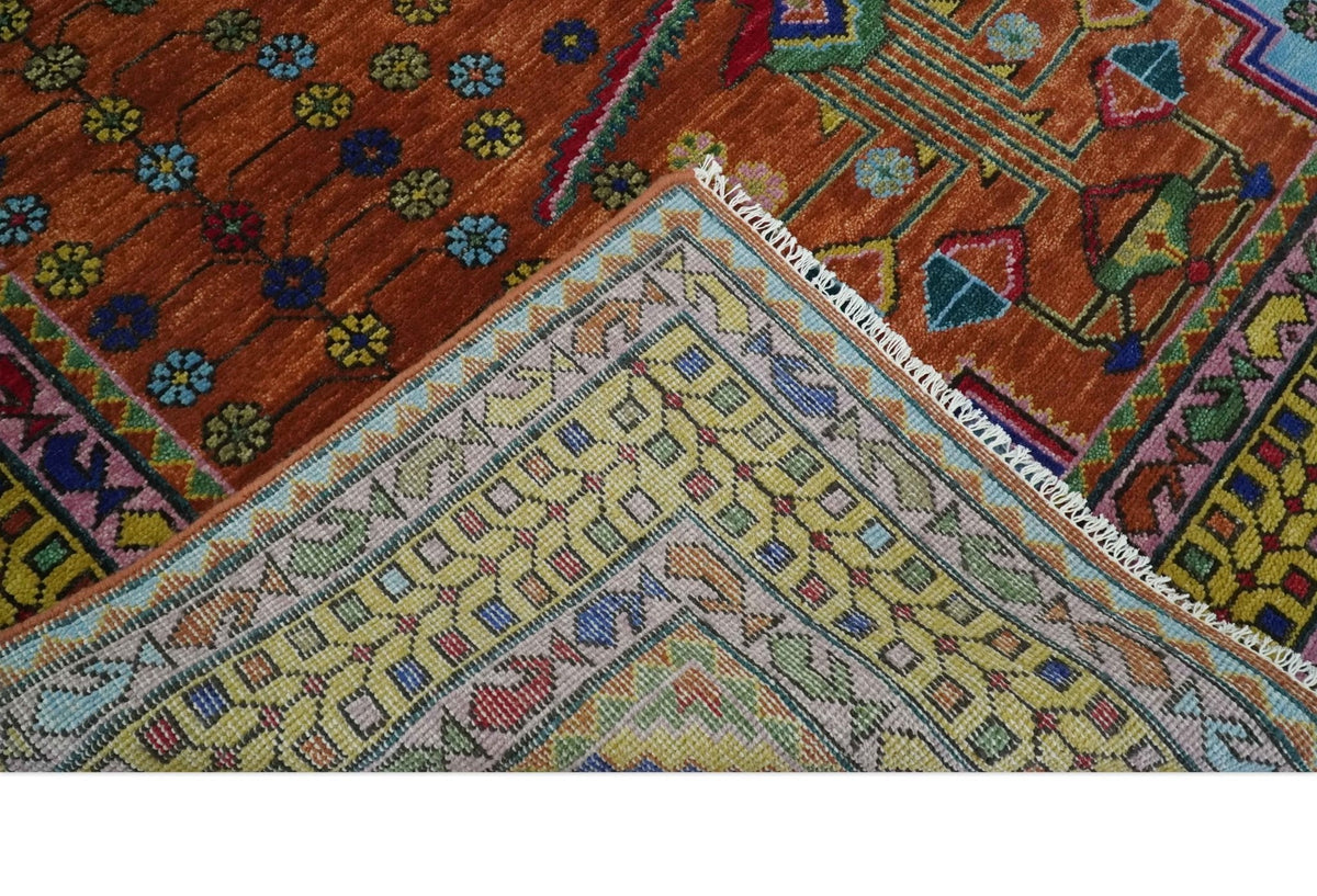 Hand Knotted Rust and Blue Traditional Floral Multi Size Wool Area Rug.