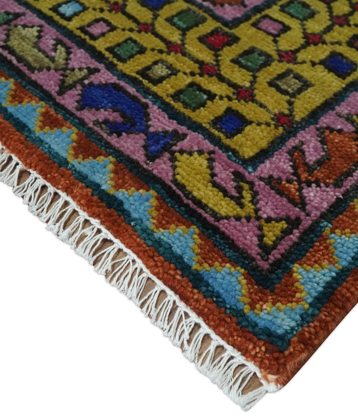 Hand Knotted Rust and Blue Traditional Floral Multi Size Wool Area Rug.