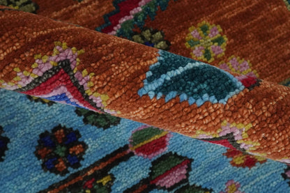 Hand Knotted Rust and Blue Traditional Floral Multi Size Wool Area Rug.