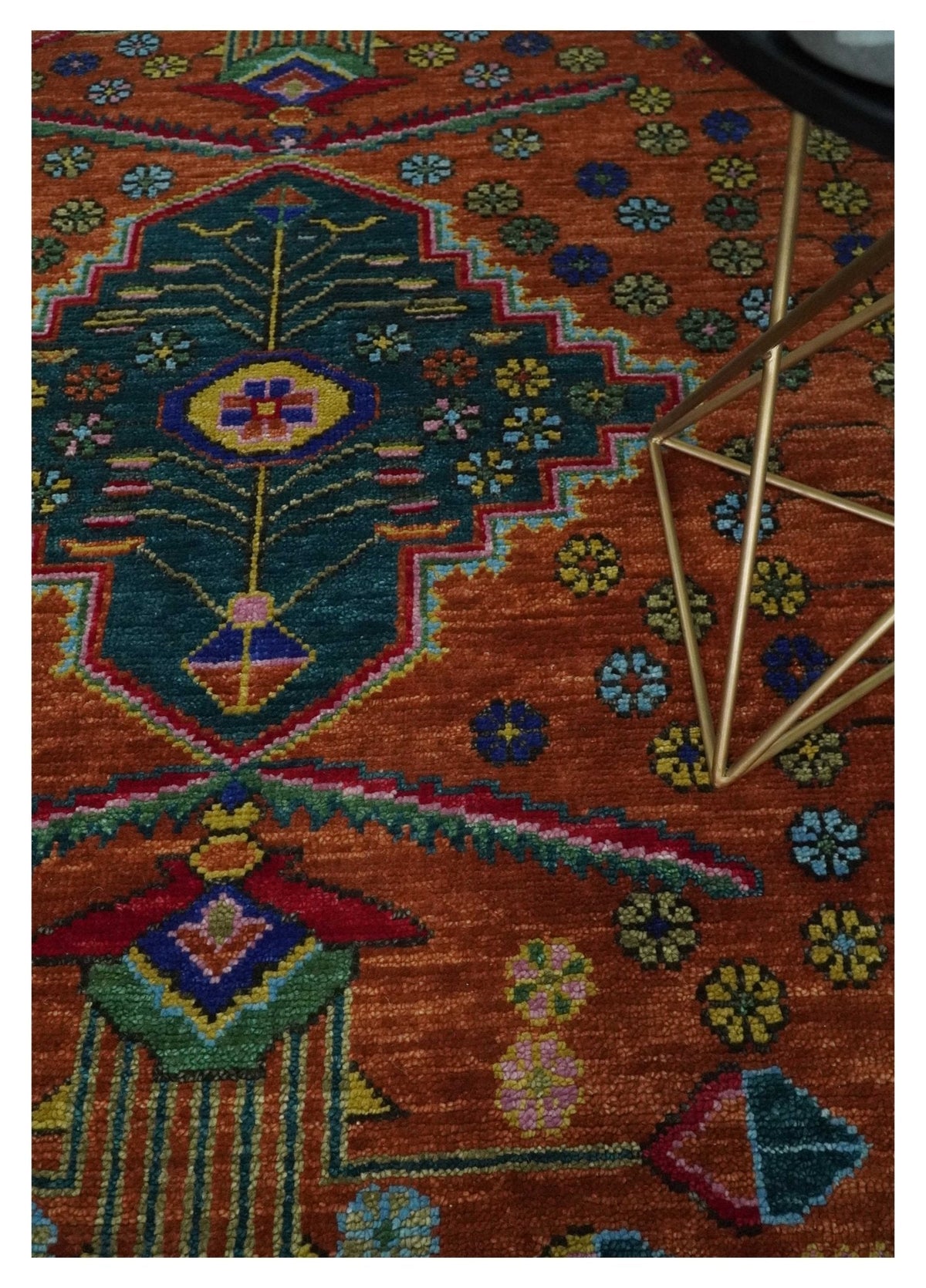 Hand Knotted Rust and Blue Traditional Floral Multi Size Wool Area Rug.