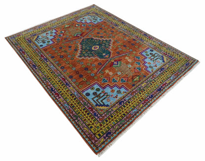 Hand Knotted Rust and Blue Traditional Floral Multi Size Wool Area Rug.