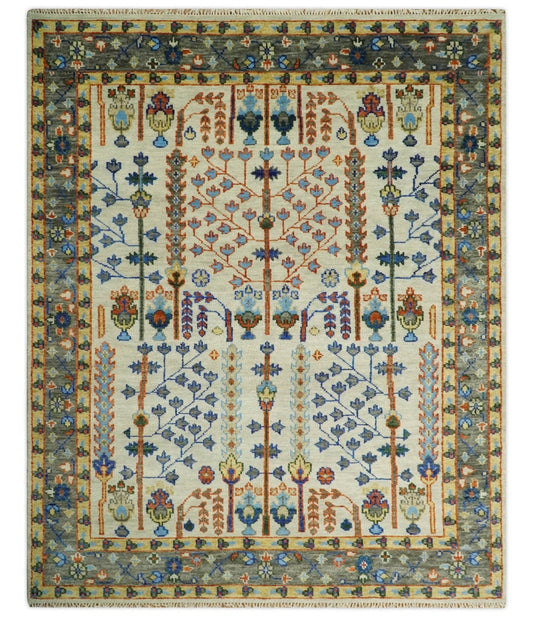 Hand Knotted Ivory and Charcoal Traditional Vintage Style Custom Made Wool Area Rug.