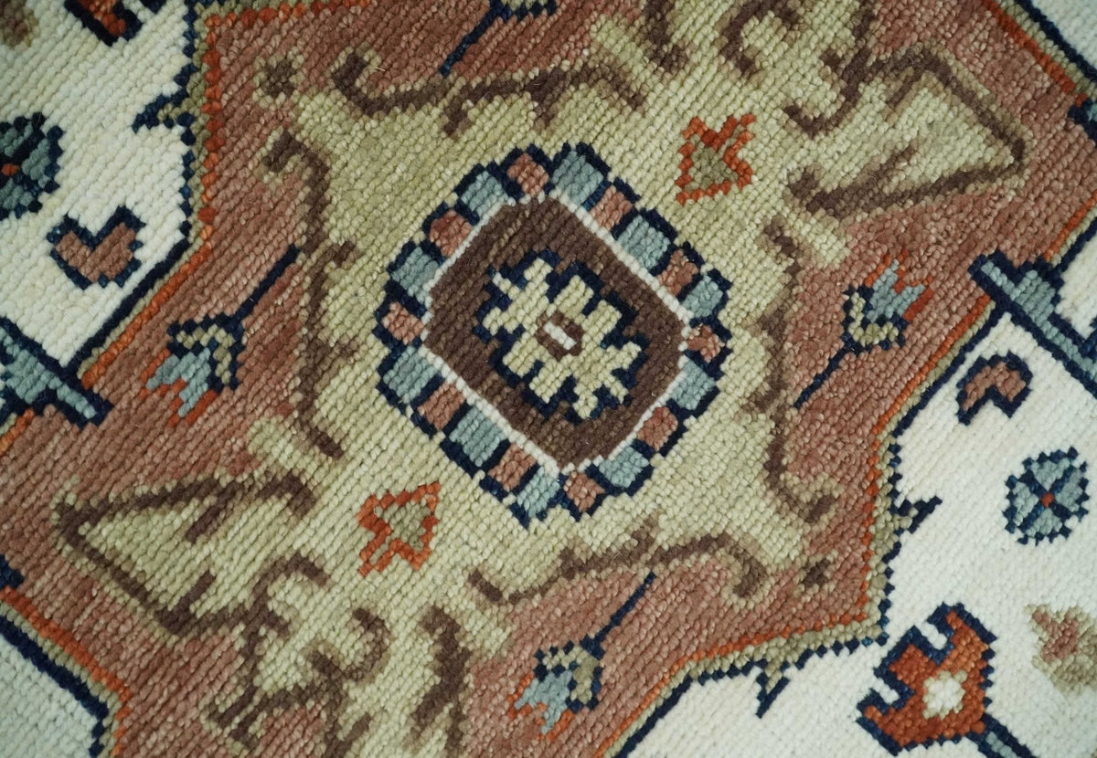 Hand Knotted Blue and Rust Traditional Heriz Multi Size Wool Area Rug.