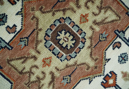 Hand Knotted Blue and Rust Traditional Heriz Multi Size Wool Area Rug.