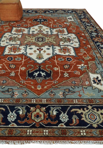 Hand Knotted Blue and Rust Traditional Heriz Multi Size Wool Area Rug.