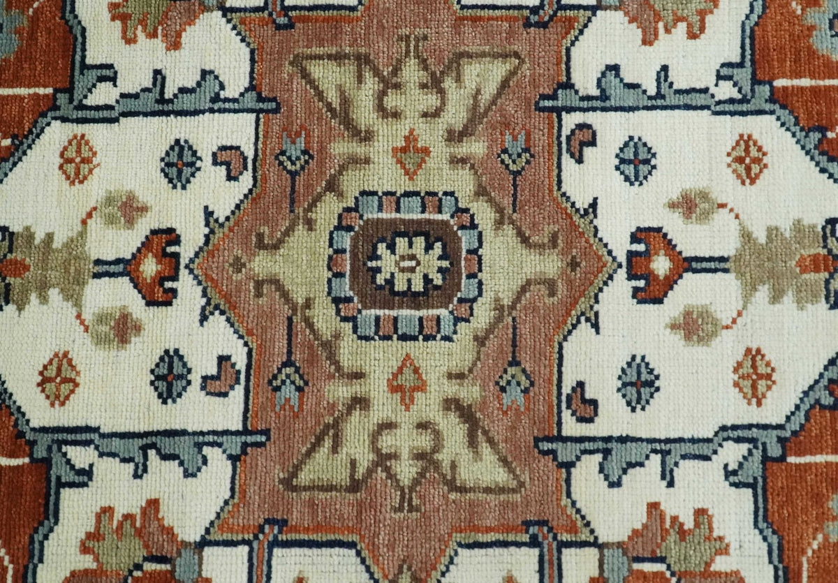 Hand Knotted Blue and Rust Traditional Heriz Multi Size Wool Area Rug.