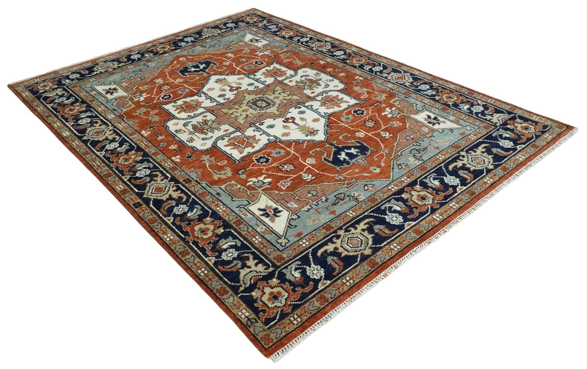 Hand Knotted Blue and Rust Traditional Heriz Multi Size Wool Area Rug.