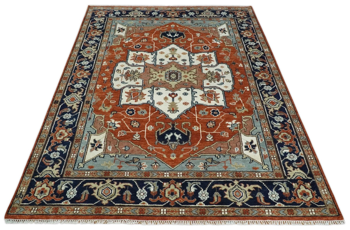 Hand Knotted Blue and Rust Traditional Heriz Multi Size Wool Area Rug.