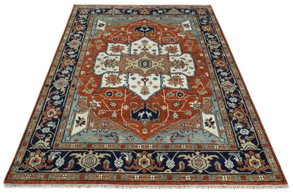 Hand Knotted Blue and Rust Traditional Heriz Multi Size Wool Area Rug.