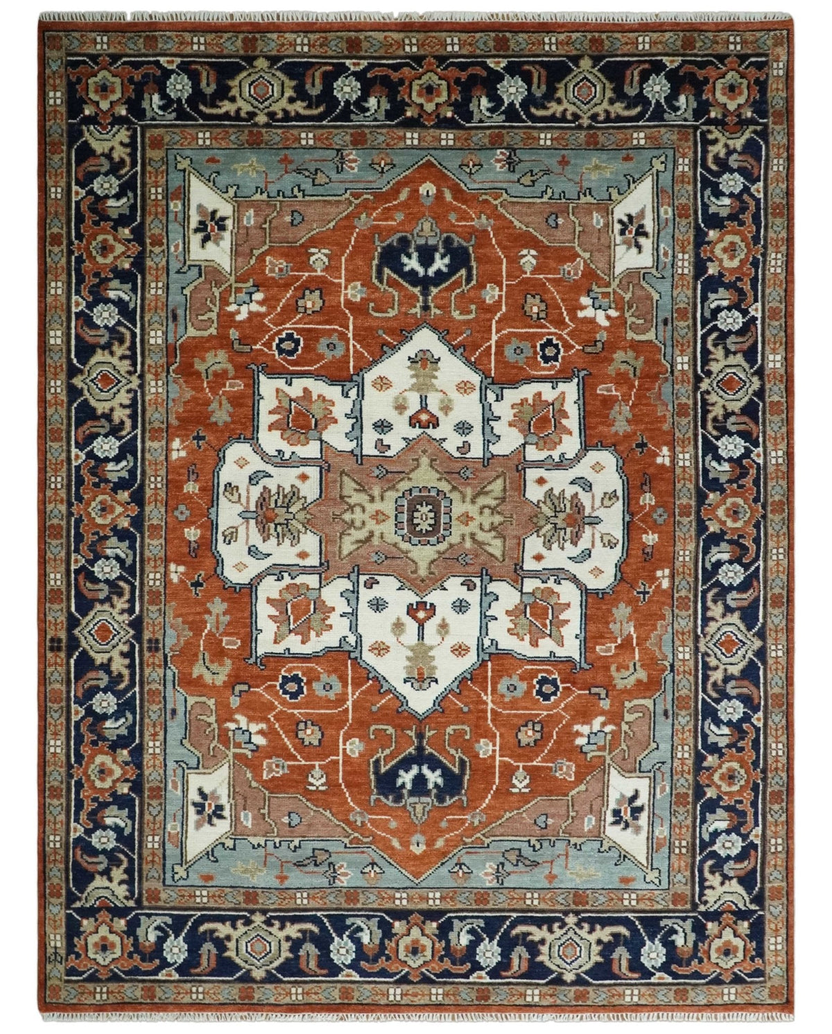 Hand Knotted Blue and Rust Traditional Heriz Multi Size Wool Area Rug.