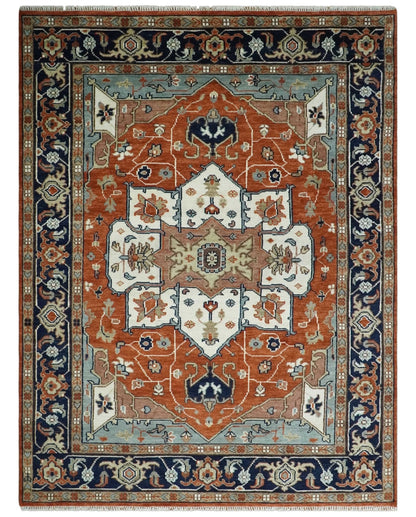 Hand Knotted Blue and Rust Traditional Heriz Multi Size Wool Area Rug.