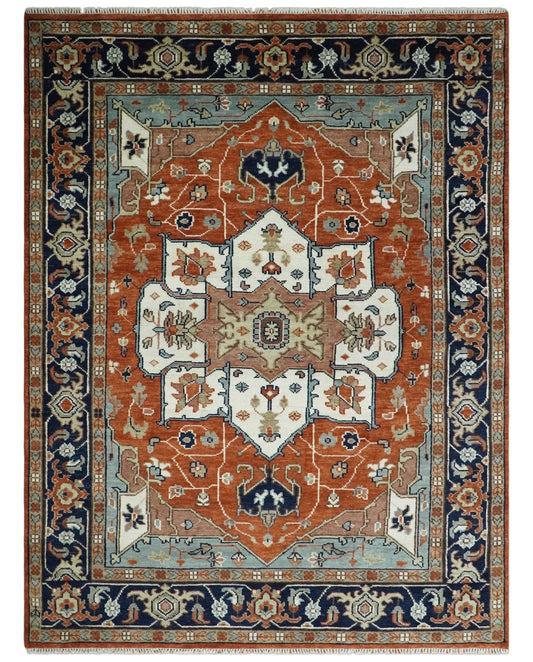 Hand Knotted Blue and Rust Traditional Heriz Multi Size Wool Area Rug.