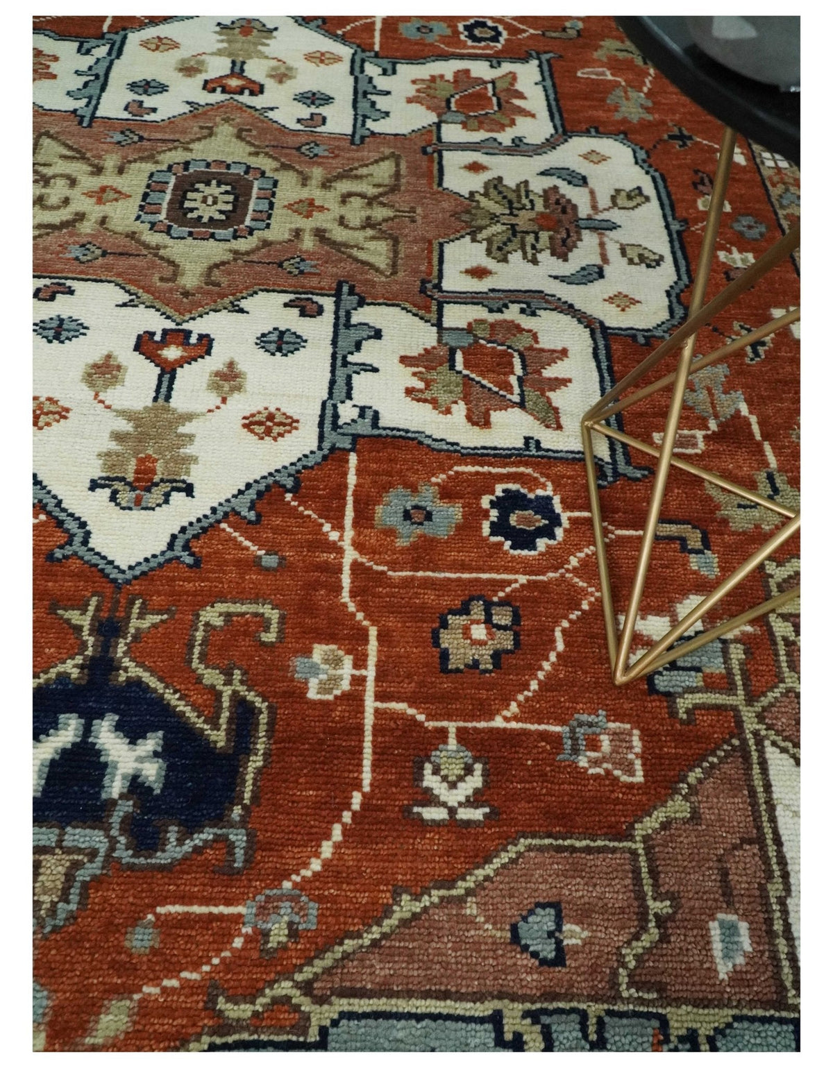 Hand Knotted Blue and Rust Traditional Heriz Multi Size Wool Area Rug.