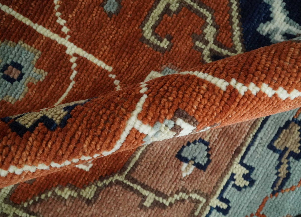 Hand Knotted Blue and Rust Traditional Heriz Multi Size Wool Area Rug.