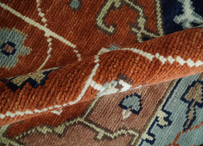 Hand Knotted Blue and Rust Traditional Heriz Multi Size Wool Area Rug.