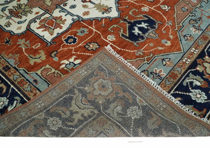 Hand Knotted Blue and Rust Traditional Heriz Multi Size Wool Area Rug.