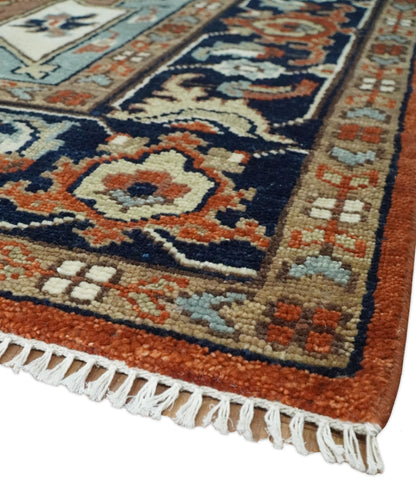 Hand Knotted Blue and Rust Traditional Heriz Multi Size Wool Area Rug.