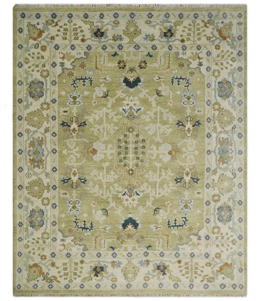 Hand Knotted Custom Made Olive, Silver and Beige Traditional Wool Rug.