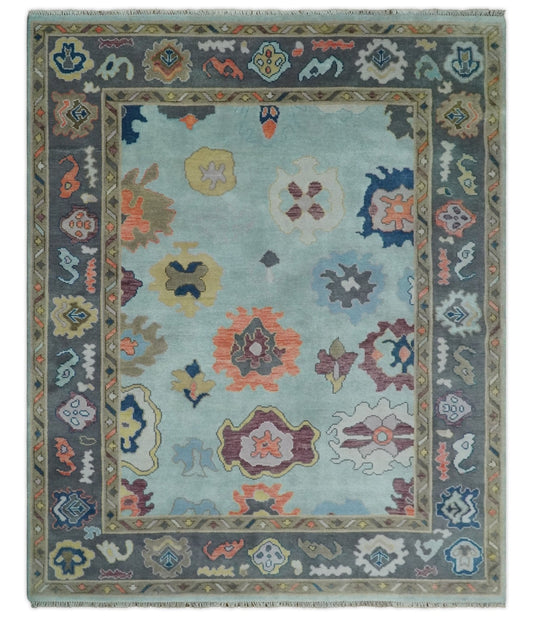 Custom Made Blue and Gray Hand Knotted Traditional Oushak Wool Area Rug.