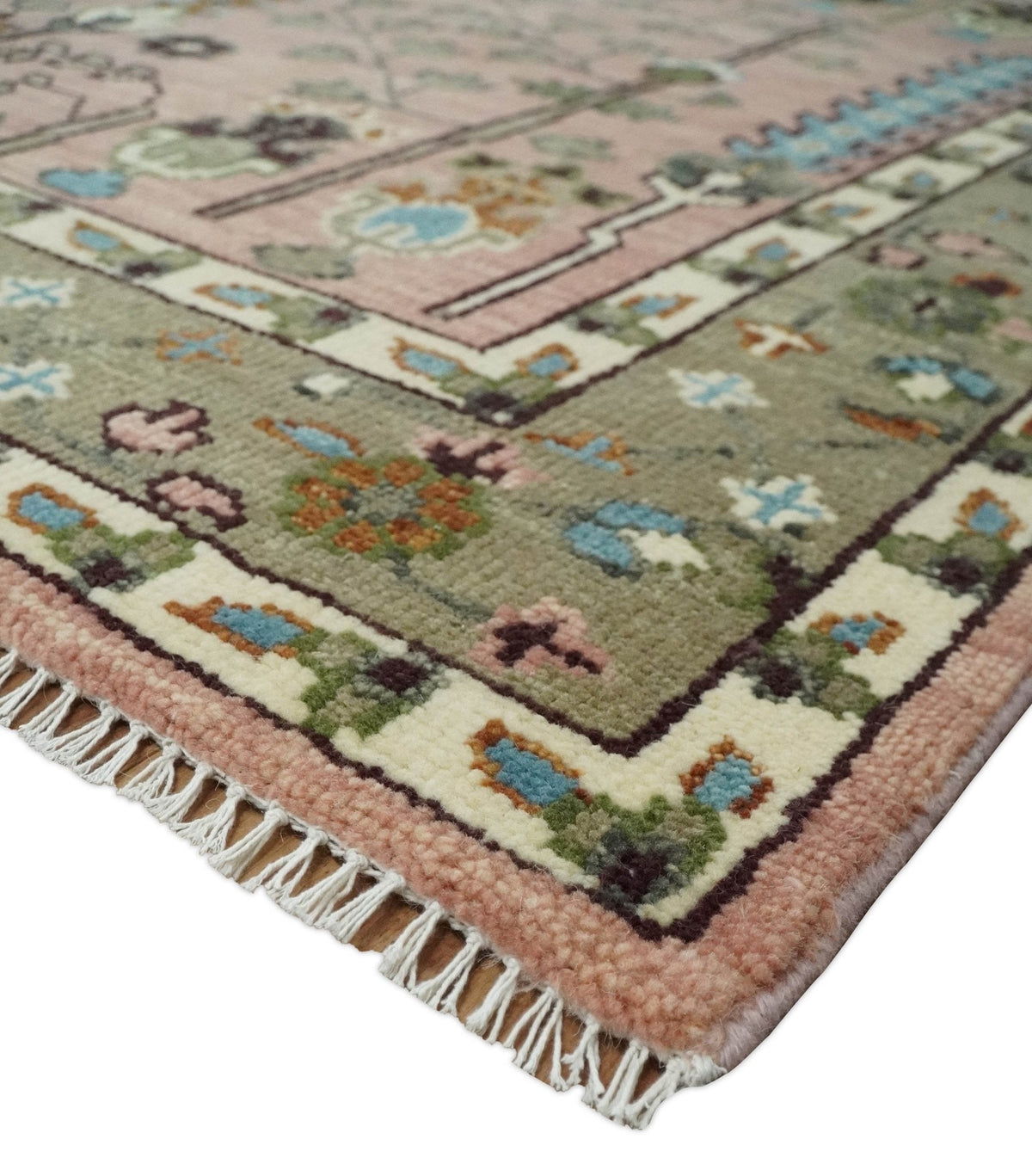 Pink, Olive and Beige vintage Traditional Tree of Life Custom Made Serapi Wool Rug.