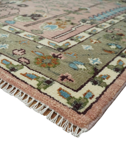 Pink, Olive and Beige vintage Traditional Tree of Life Custom Made Serapi Wool Rug.