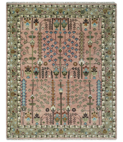 Pink, Olive and Beige vintage Traditional Tree of Life Custom Made Serapi Wool Rug.