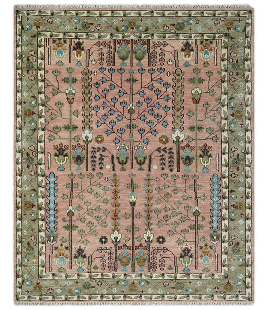 Pink, Olive and Beige vintage Traditional Tree of Life Custom Made Serapi Wool Rug.