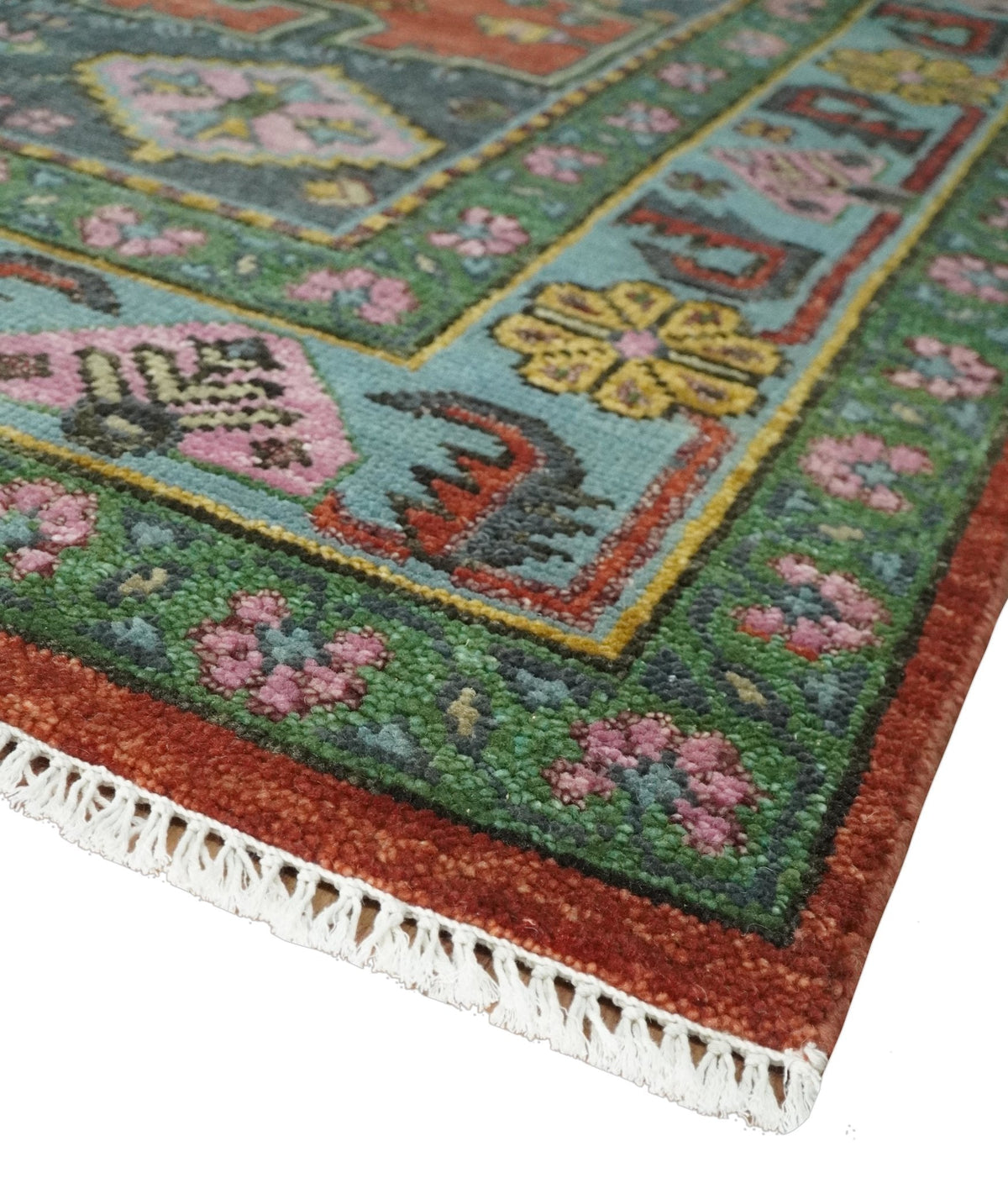Custom Made Hand Knotted Red, Blue and Olive Traditional Antique Style Wool Rug.