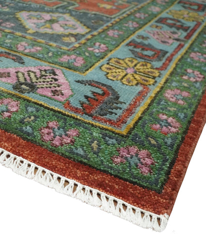 Custom Made Hand Knotted Red, Blue and Olive Traditional Antique Style Wool Rug.