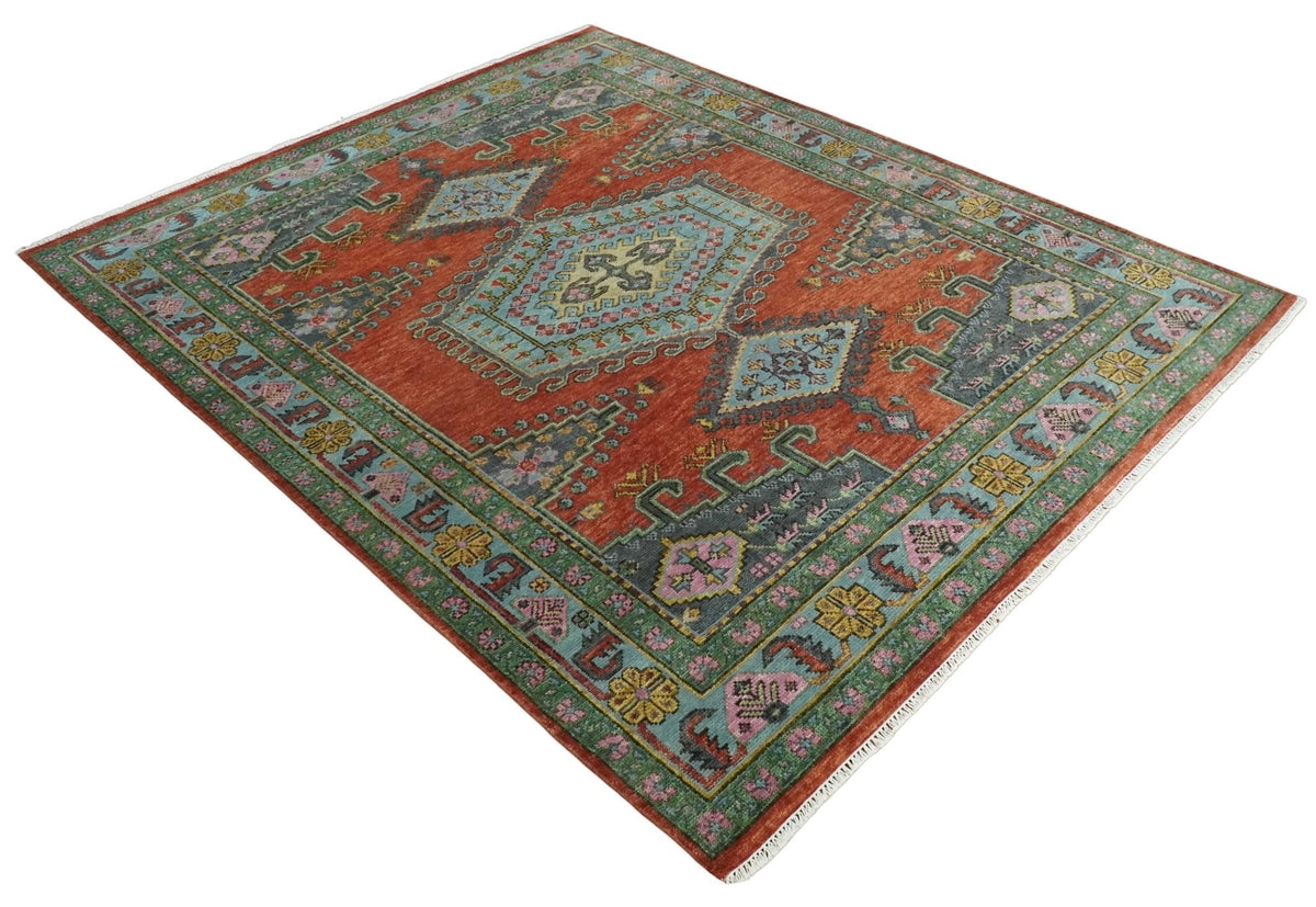Custom Made Hand Knotted Red, Blue and Olive Traditional Antique Style Wool Rug.