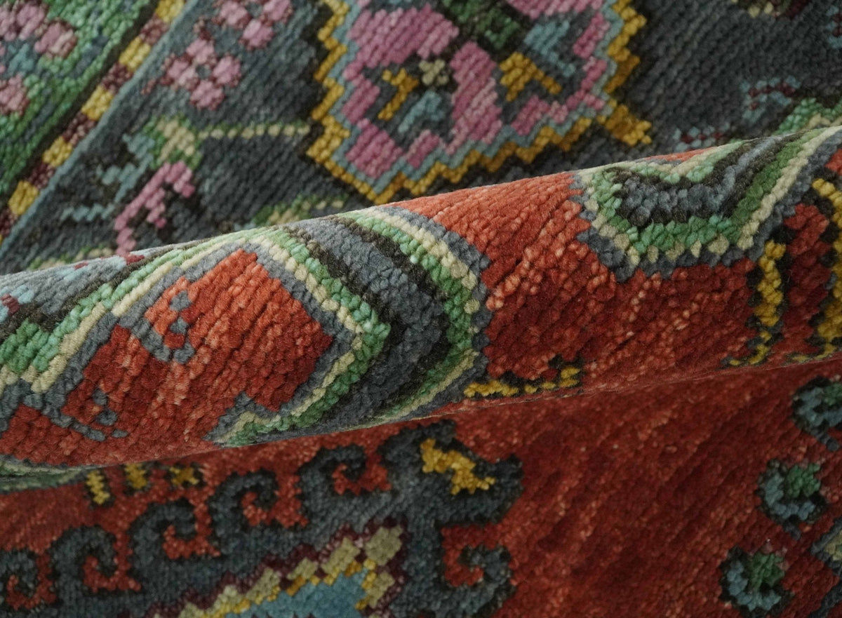 Custom Made Hand Knotted Red, Blue and Olive Traditional Antique Style Wool Rug.