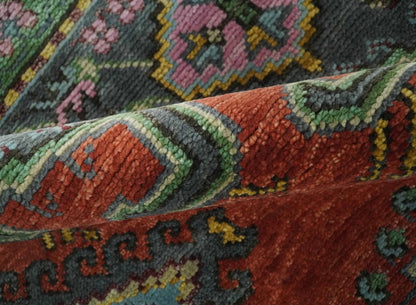 Custom Made Hand Knotted Red, Blue and Olive Traditional Antique Style Wool Rug.
