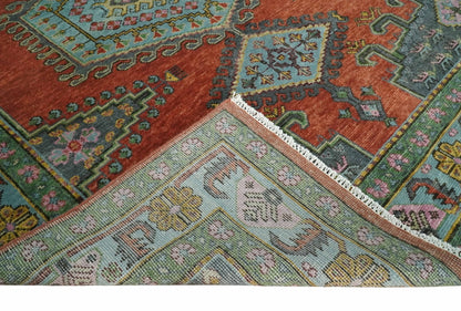 Custom Made Hand Knotted Red, Blue and Olive Traditional Antique Style Wool Rug.
