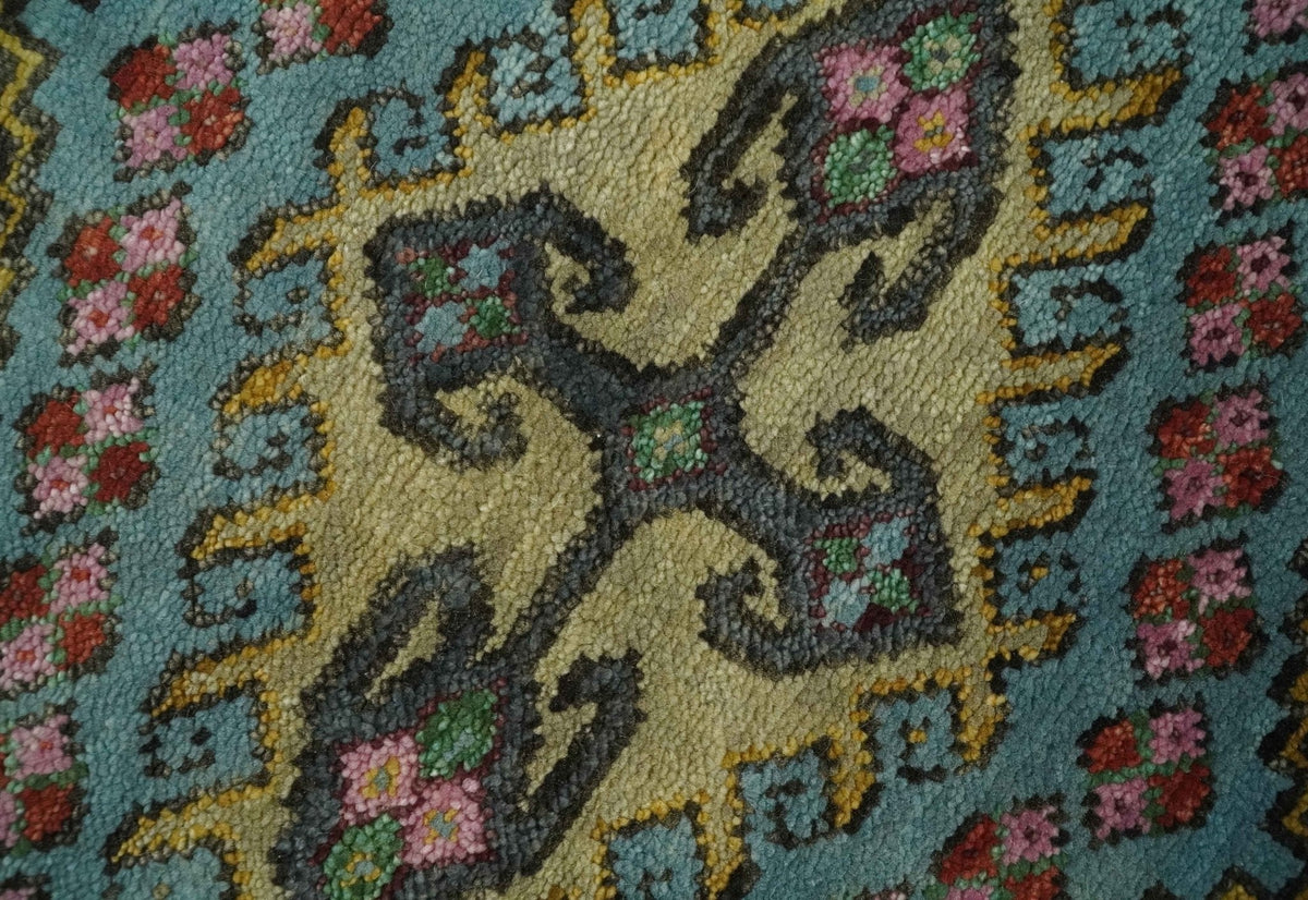 Custom Made Hand Knotted Red, Blue and Olive Traditional Antique Style Wool Rug.