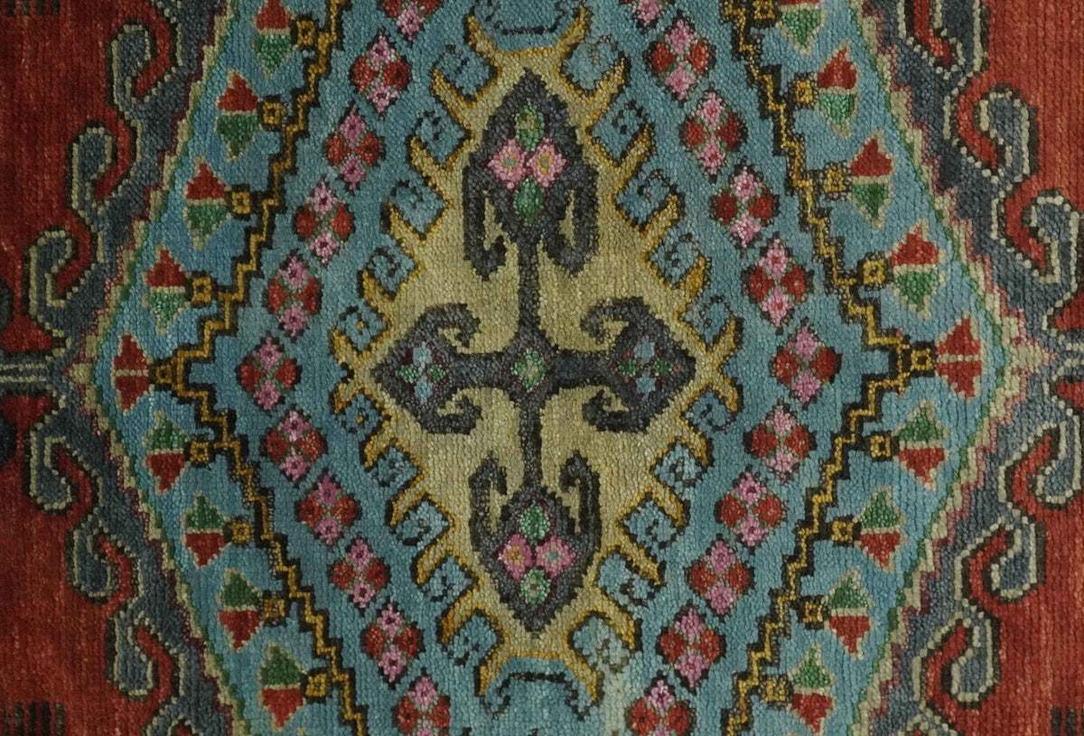 Custom Made Hand Knotted Red, Blue and Olive Traditional Antique Style Wool Rug.