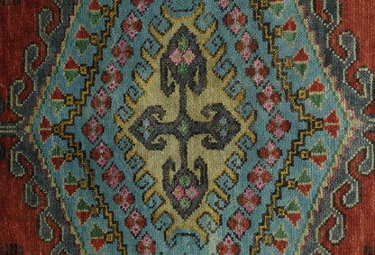Custom Made Hand Knotted Red, Blue and Olive Traditional Antique Style Wool Rug.