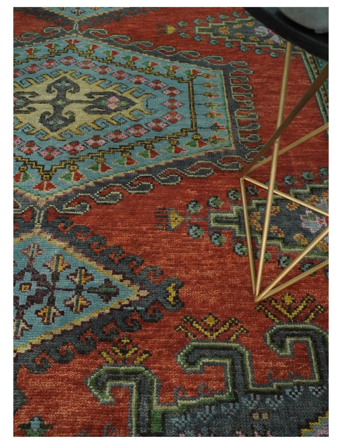 Custom Made Hand Knotted Red, Blue and Olive Traditional Antique Style Wool Rug.
