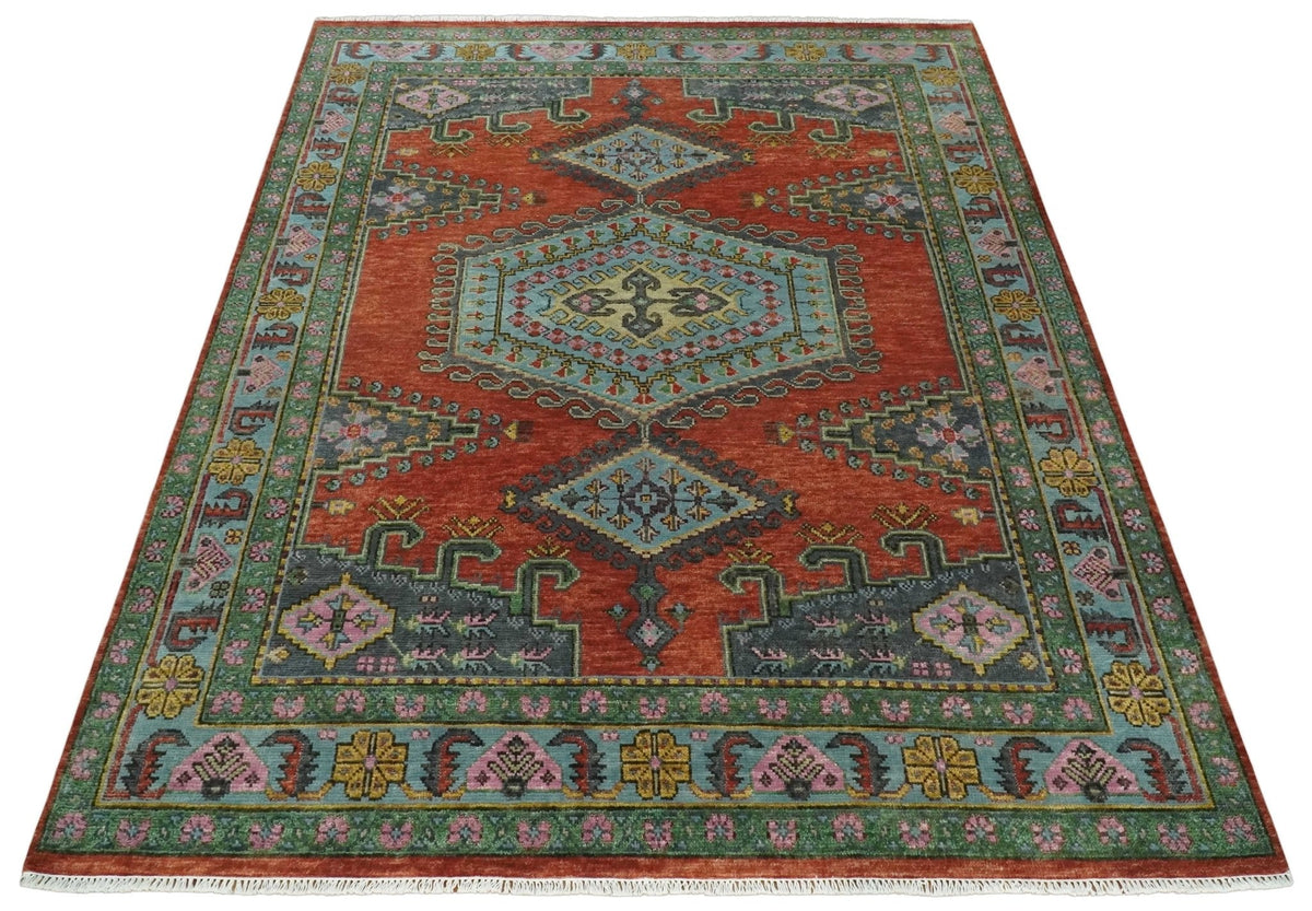 Custom Made Hand Knotted Red, Blue and Olive Traditional Antique Style Wool Rug.