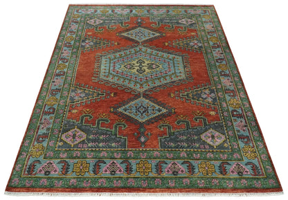 Custom Made Hand Knotted Red, Blue and Olive Traditional Antique Style Wool Rug.