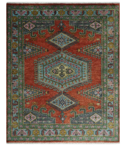 Custom Made Hand Knotted Red, Blue and Olive Traditional Antique Style Wool Rug.