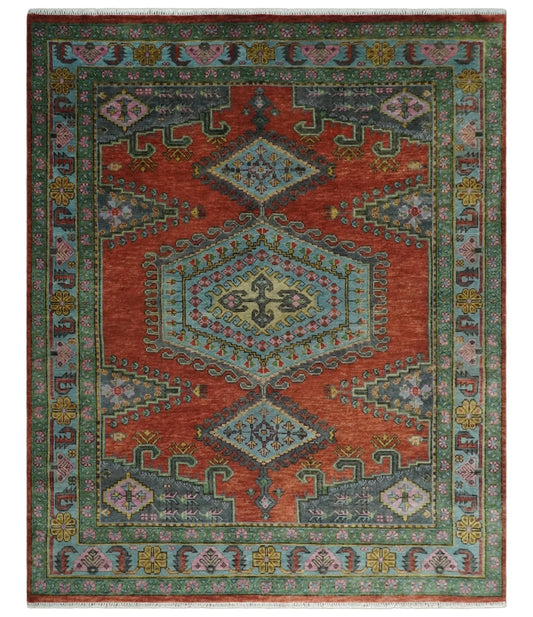 Custom Made Hand Knotted Red, Blue and Olive Traditional Antique Style Wool Rug.