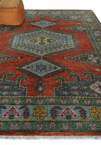 Custom Made Hand Knotted Red, Blue and Olive Traditional Antique Style Wool Rug.