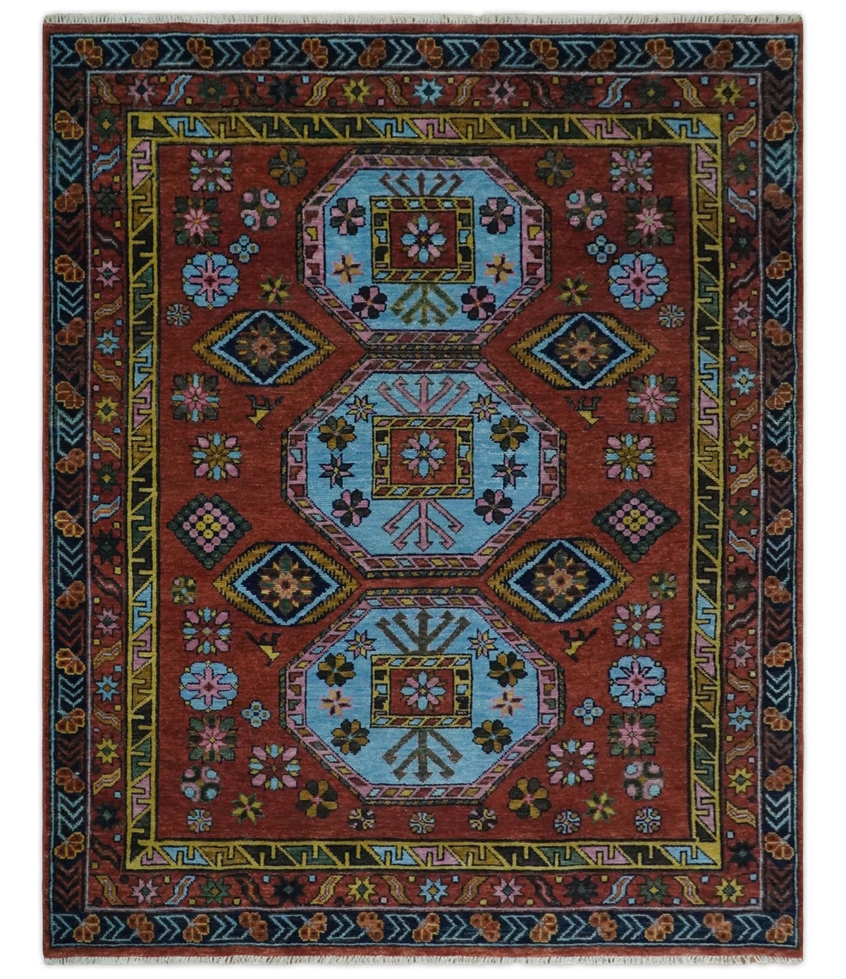 Hand Knotted Maroon and Blue Traditional Antique look Multi Size Wool Area Rug.